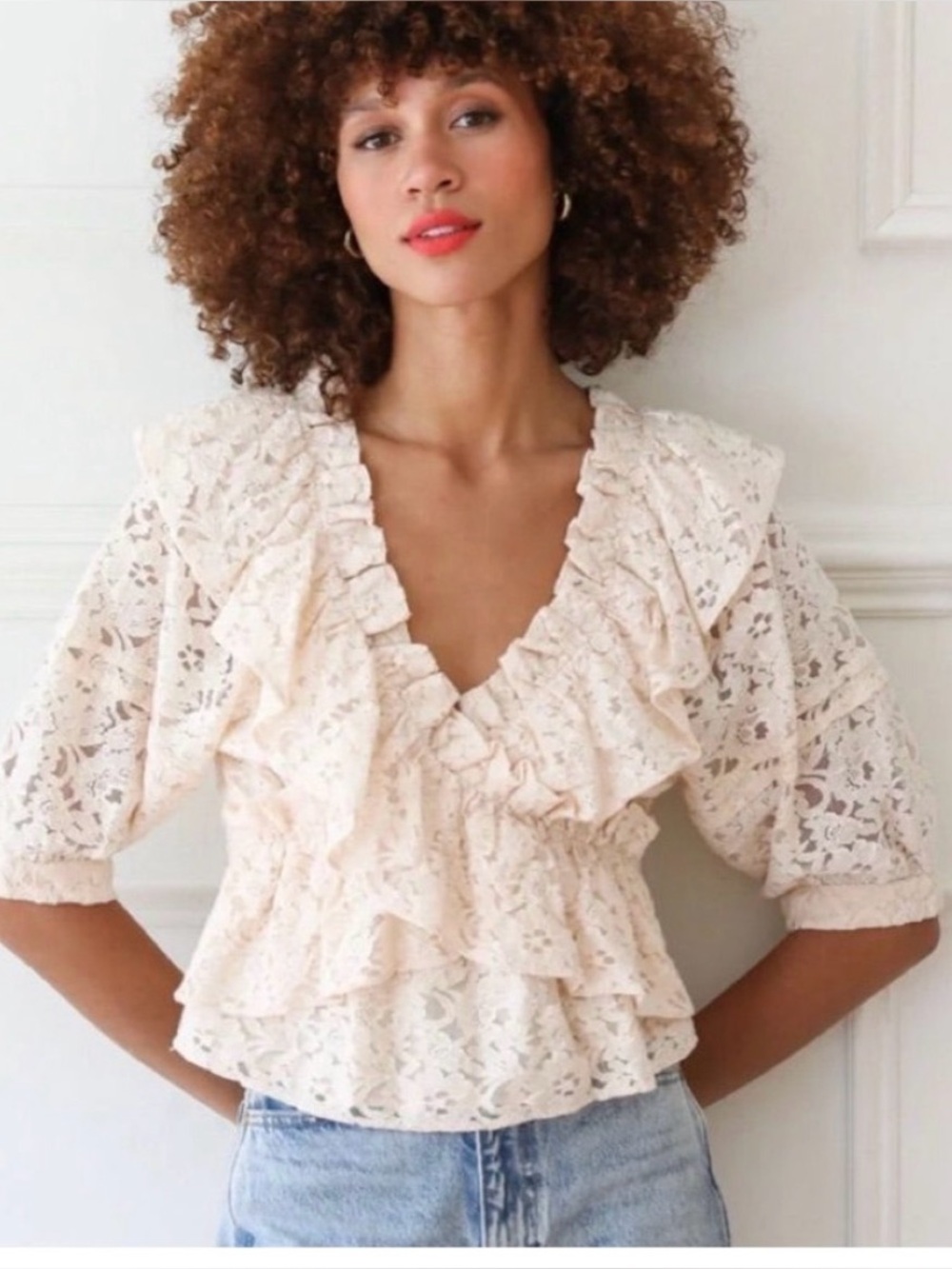 Mille Lace Ruffle V-Neck Blouse